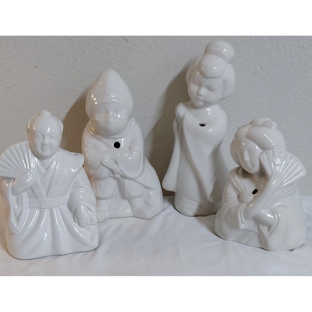 Vintage White Ceramic Tiki Mug Lot of 4 - Benihana Style Japanese Figurines